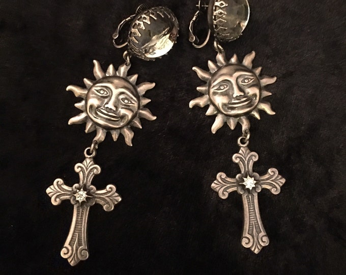 Vintage Sun Earrings, Vintage Happy Face Sun Earrings, Cross Earrings, Sun Jewellery, divine smiling faces, wonderful rare pair.