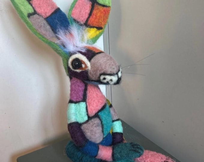 Hand made patchwork needle felted Hare with divine craftsmanship and design.