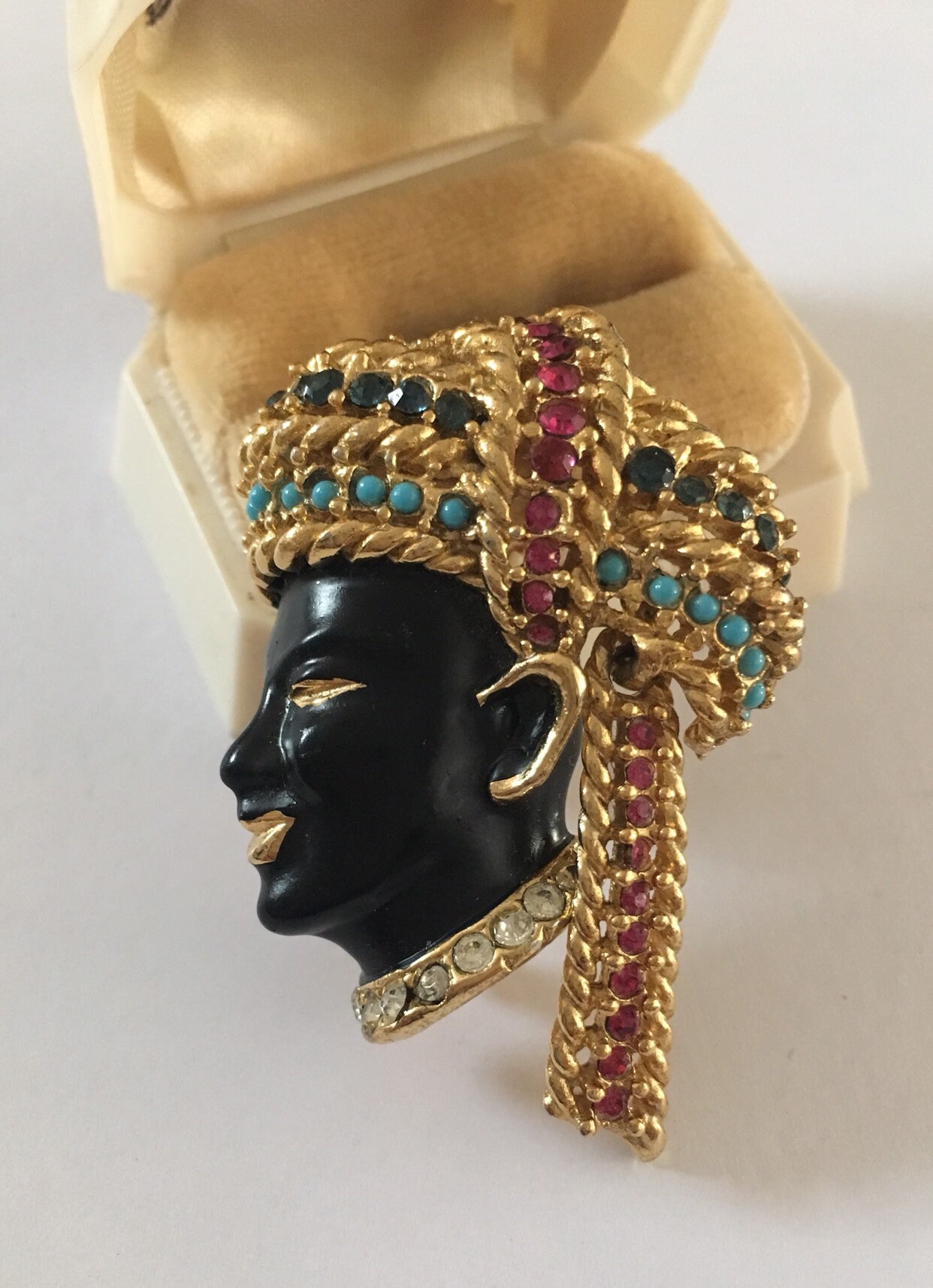 Vintage Blackamoor Brooch, Gold Ladies head Pin, Face Jewellery