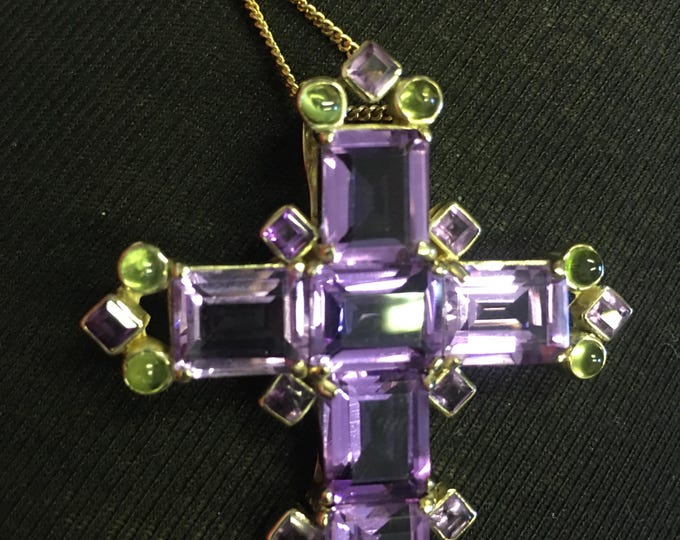 Vintage Amethyst and Peridot Cross, Silver Gilt Cross, Sterling Silver Cross, Vintage Crucifix, Cross, divine rare statement piece.