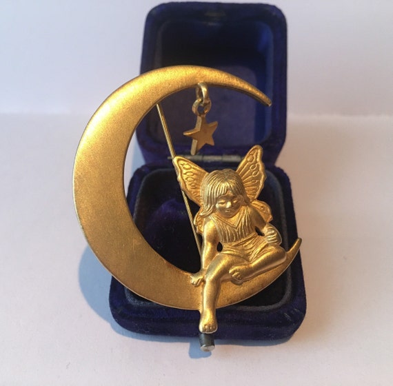 Vintage Angel Brooch, Vintage Moon Brooch, Moon Br