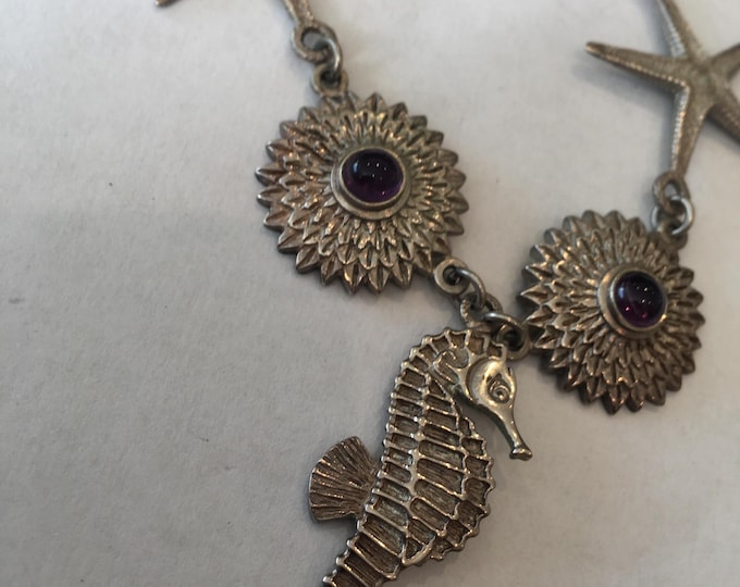 Rare vintage sterling silver amethyst seahorse necklace with fabulous design