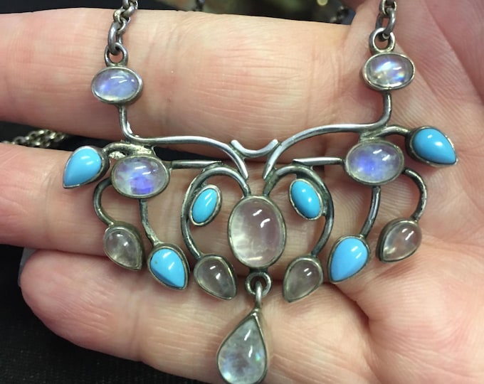 Fabulous vintage Moonstone necklace, Silver necklace, Moonstone and Turquoise Necklace, rare collector's statement piece.