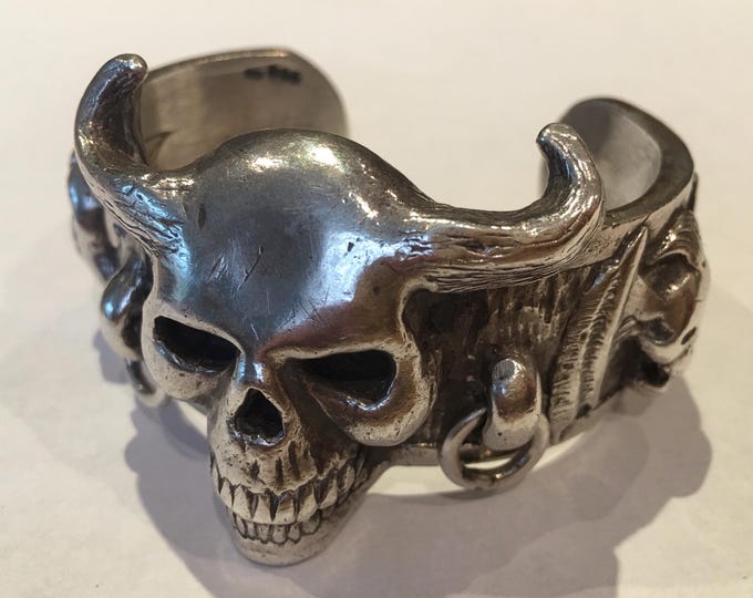 Vintage Sterling Silver Skull Cuff, Crazy Pig Barbarian Bracelet