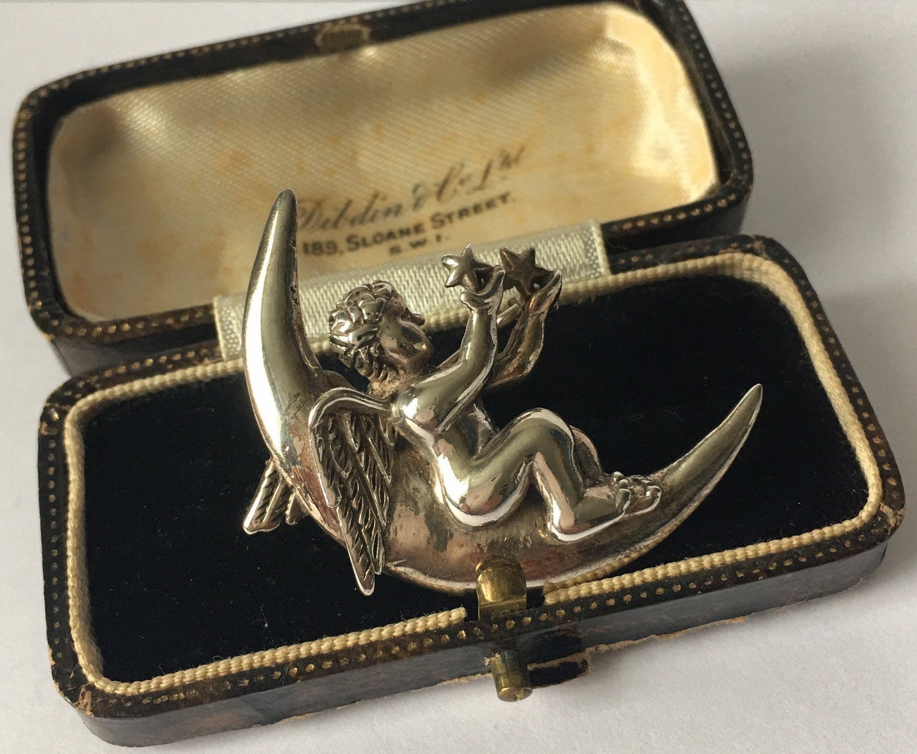 Vintage Angel Pendant, Silver Moon Brooch, Angel Jewellery, Cupid, Moon