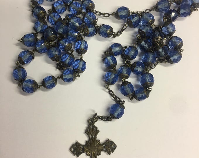 Vintage Rosary Beads, Rhinestone Crucifix, Religious Necklace