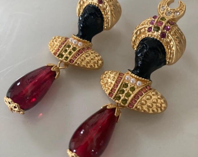 Vintage Blackamoor Style Earrings, Askew designer Costume Earrings, Exquisite rare statement piece.