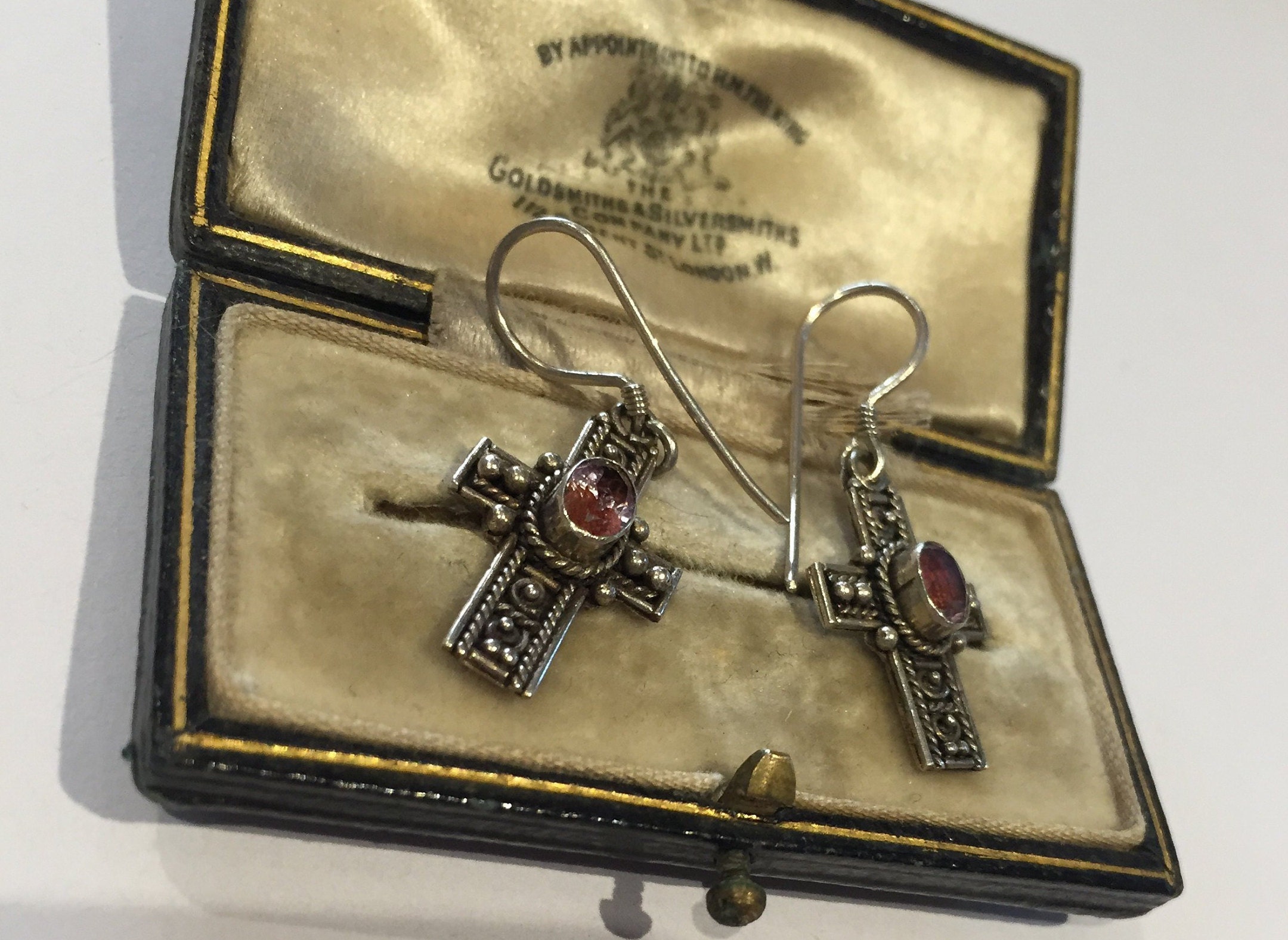 Vintage Cross Earrings, Vintage Silver Religious Earrings, Amethyst