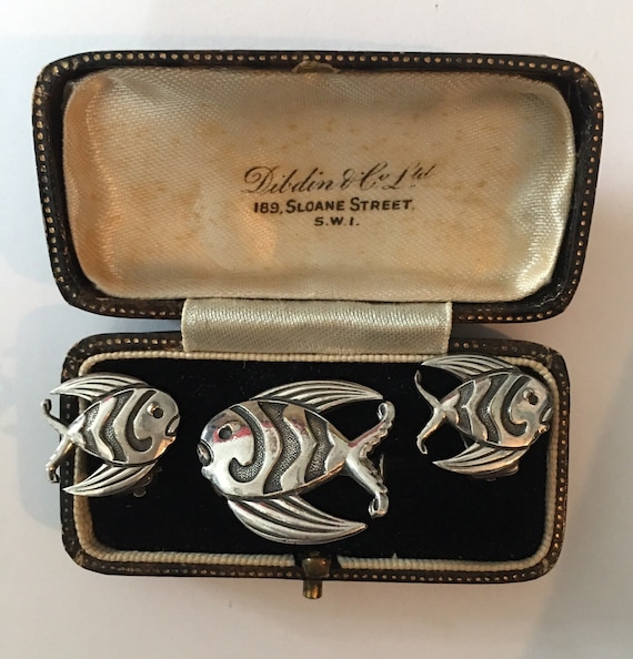 Vintage Fish Set, Fish Earrings, Fish Brooch, Vin… - image 1