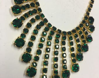 Vintage Emerald Rhinestone Costume Necklace and Earring Set