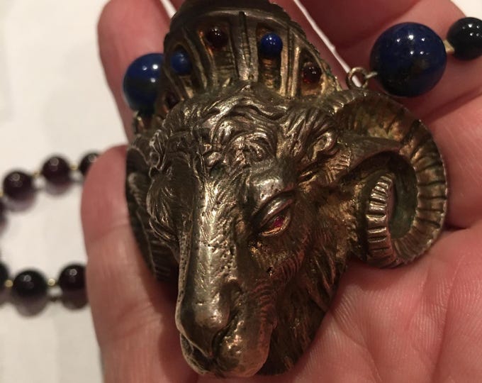 Magnificent Ram Necklace, Vintage Ram Head Pendant Necklace, Rare Animal Jewelry