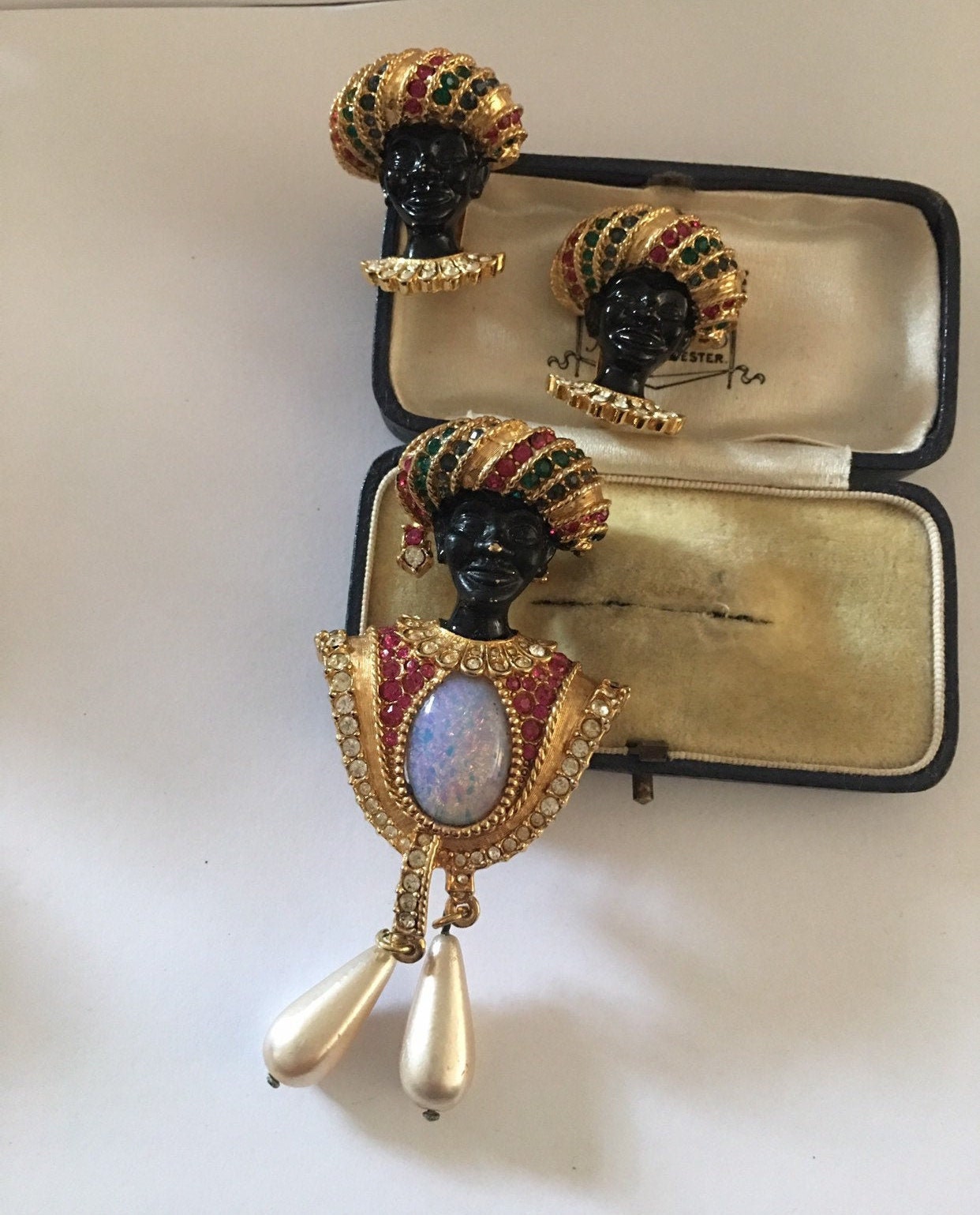 RESERVED Vintage Blackamoor Brooch, Blackamoor Earring, Vintage Jewellery Set,Gold Blackamoor