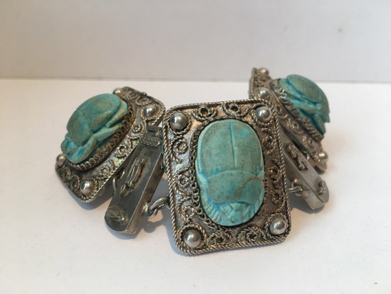 Bracelet Manchette Vintage Égypte - Scarabée Céramique Et Métal - Occasion