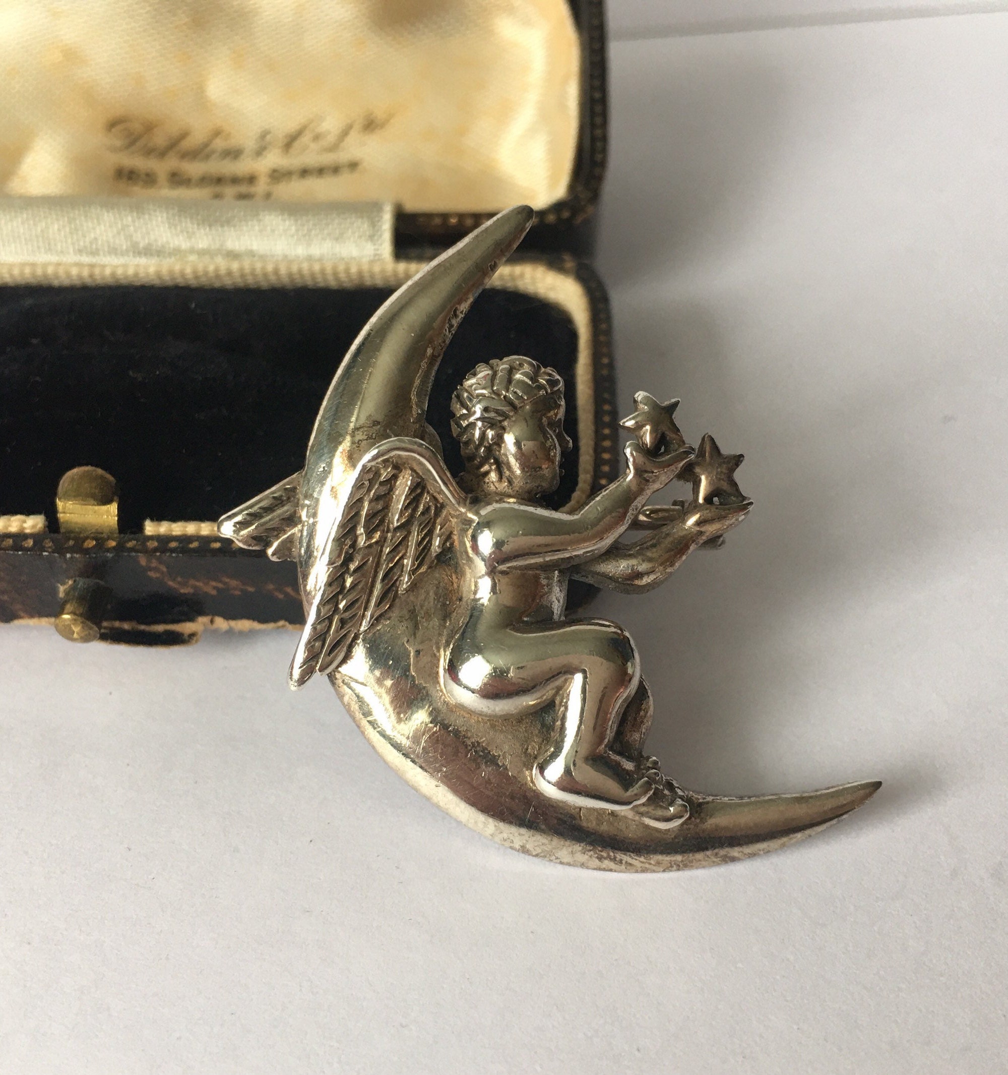 Vintage Angel Pendant, Silver Moon Brooch, Angel Jewellery, Cupid, Moon