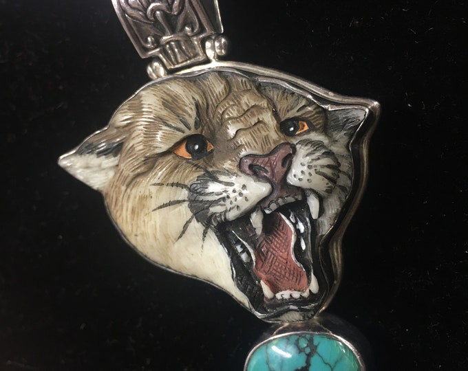 Vintage Panther necklace, Panther jewellery, Sterling Panther Pendant, Navaho turquoise wild cat divine rare collector's piece