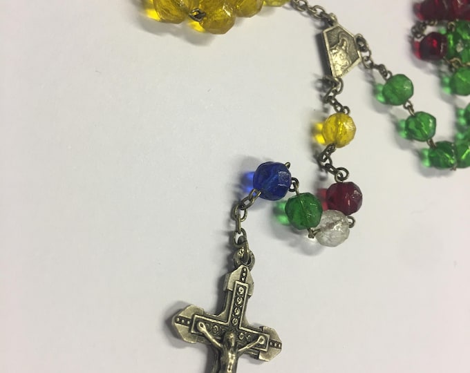 Vintage Rosary Beads, Rhinestone Crucifix, Religious Necklace