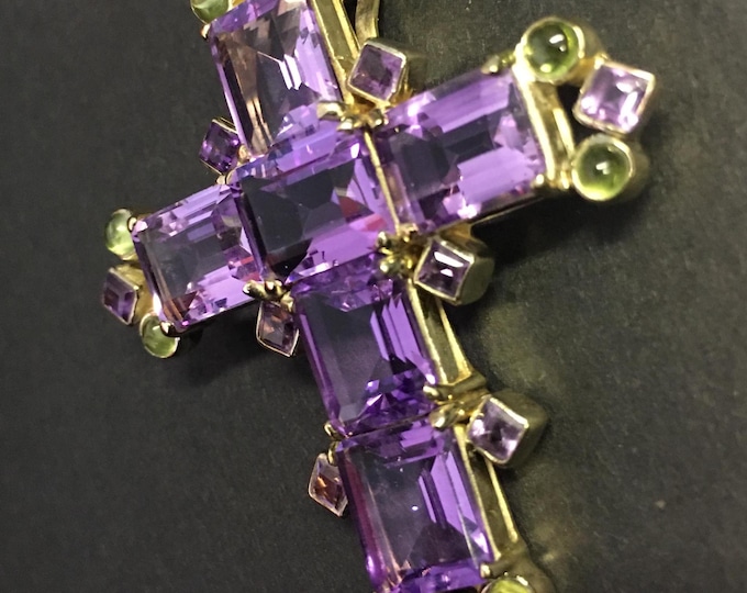 Vintage Amethyst and Peridot Cross, Silver Gilt Cross, Sterling Silver Cross, Vintage Crucifix, Cross, divine rare statement piece.