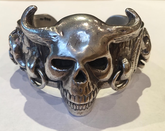 Vintage Sterling Silver Skull Cuff, Crazy Pig Barbarian Bracelet