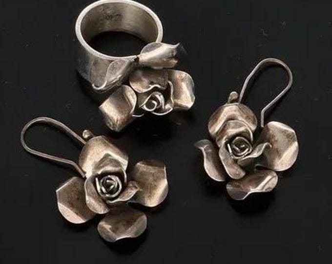 Vintage Sterling Silver Flower Ring and Earring Set, Studio Design