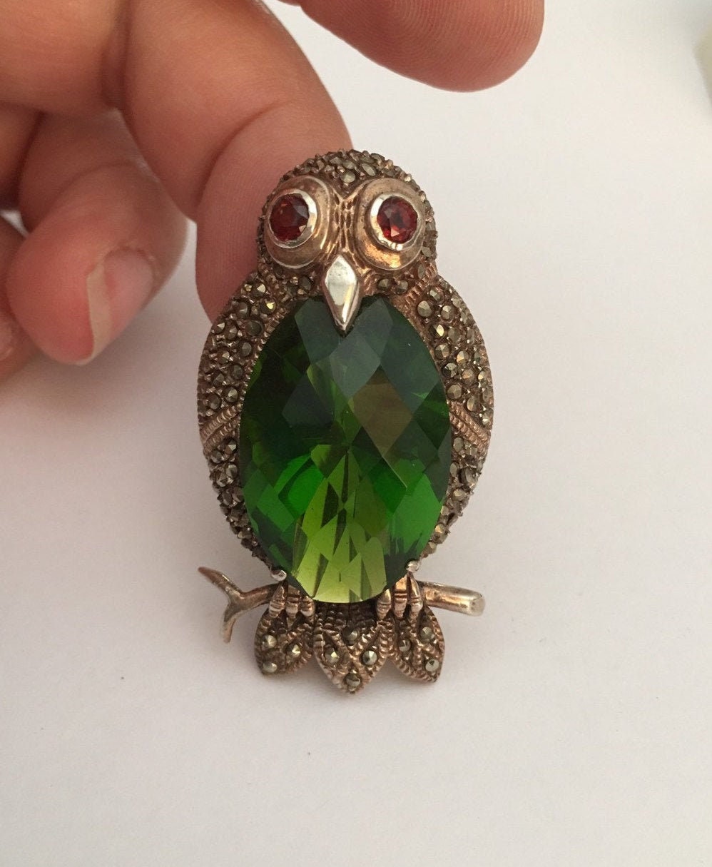 Vintage Owl Brooch, Vintage Silver Owl Brooch, Peridot Owl Brooch ...