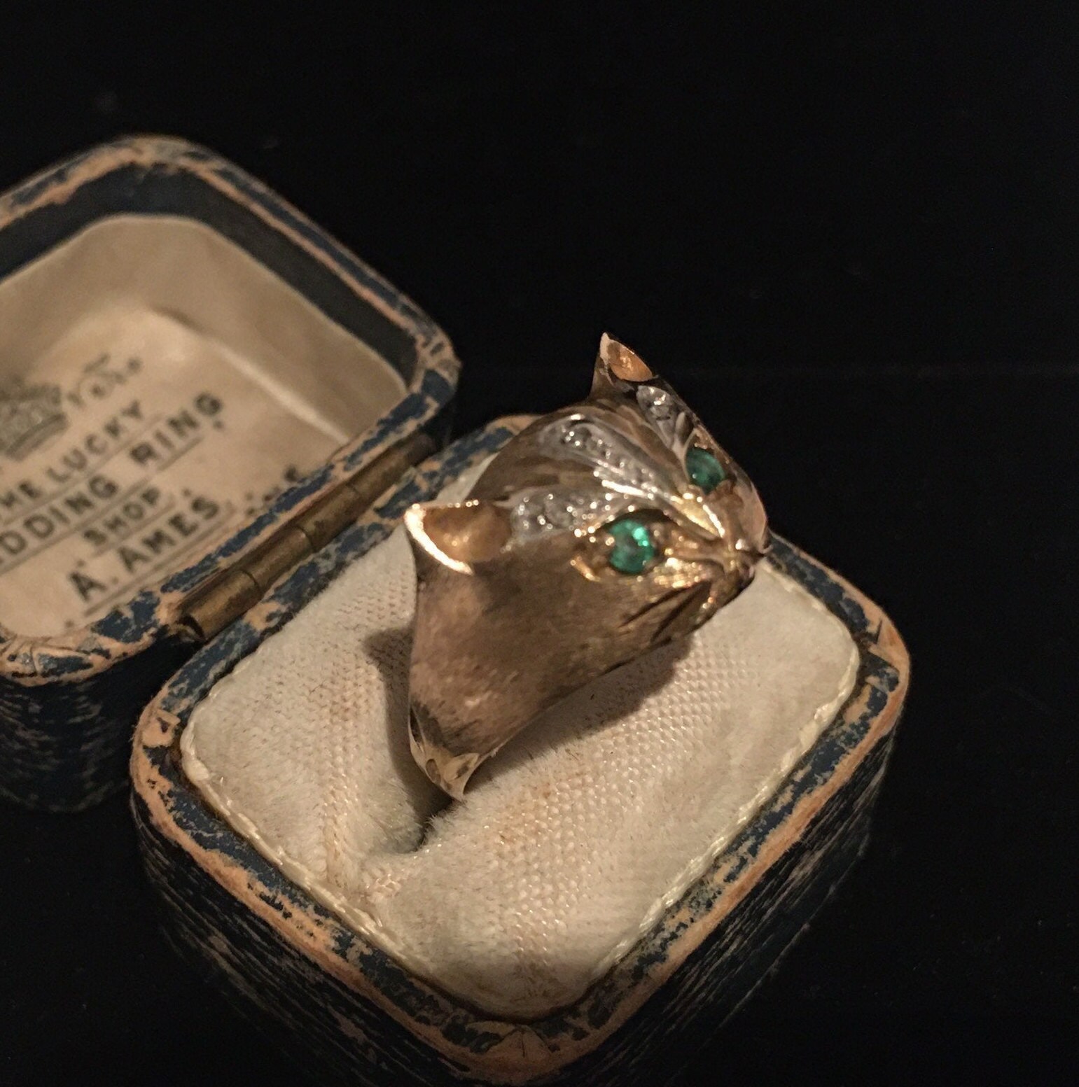 Vintage Cat Ring, 9 Ct Gold Cat Ring, Diamond Cat Ring, 9ct Cat Ring