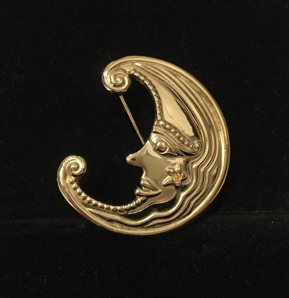 Vintage Moon Brooch, Gold Moon Brooch, Smiling Moon Pin