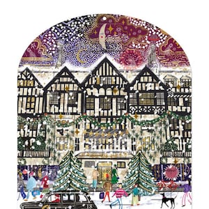 May include: A festive advent calendar illustration depicting a London street scene at Christmas. Features include a black taxi, a red double-decker bus, and people. Buildings are decorated with lights, and a crescent moon is in the sky.