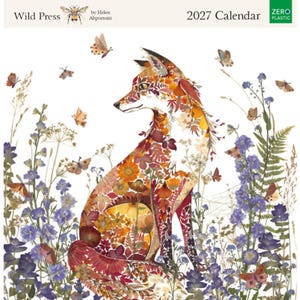 May include: A 2027 calendar by Wild Press featuring a fox illustration composed of pressed flowers and leaves in shades of orange, red, and brown. The fox is surrounded by blue and purple wildflowers and small butterflies on a white background.
