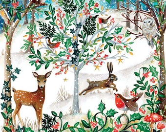 May include: A festive illustration featuring a deer, a squirrel, an owl, a rabbit, and several robins in a snowy forest setting. The scene includes a central tree adorned with green holly leaves, red berries, and small gold stars.