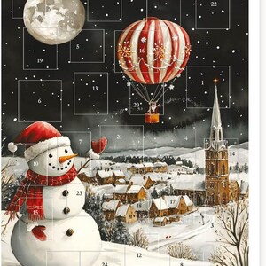 Peut inclure: Calendrier de l'Avent aquarelle avec une scène de village hivernal, un bonhomme de neige, une montgolfière et une église. Des cases numérotées représentent les jours précédant Noël, sur fond de ciel étoilé.