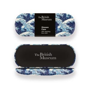 May include: An open glasses case and lid with a blue and white wave design. The case is branded "The British Museum" and includes the text "Glasses Case with matching lens cloth."