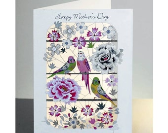 Stunning Laser Cut Luxury Blank Mother's Day Card ~ With Budgies & Peonies