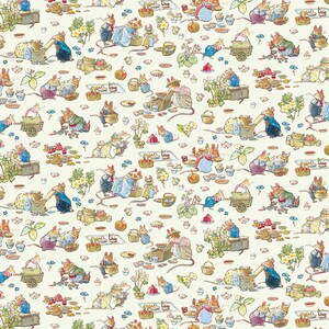 May include: A white background with a repeating pattern of mice having a picnic. The mice are wearing clothes and are holding plates, cups, and baskets. There are also flowers, pies, and other picnic items in the pattern.