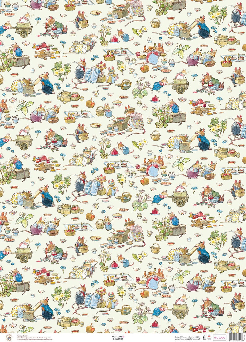 May include: A white background with a repeating pattern of mice having a picnic. The mice are wearing clothes and are holding plates, cups, and baskets. There are also flowers, pies, and other picnic items in the pattern.