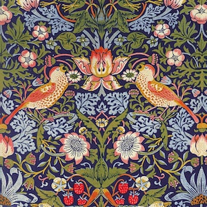 May include: A detailed floral pattern in navy blue, green, pink, and orange. Two birds with orange and white speckled feathers perch on branches amidst flowers and foliage. The design features a symmetrical arrangement of botanical elements.