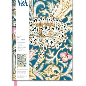 May include: A 2027 A5 diary featuring a blue, cream, and pink floral pattern. A white vertical band on the left displays the V&A logo, the text 2027 A5 Diary, and details about a ribbon page marker, week to view, and notable dates.