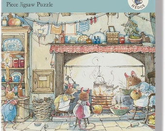 May include: A 1000-piece jigsaw puzzle featuring a detailed illustration of mice cooking in a kitchen. The puzzle box has a light blue top and the Brambly Hedge logo. The artwork depicts a cozy, warm scene with a fireplace and various kitchen items.