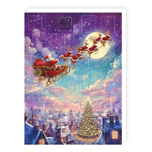 May include: A rectangular advent calendar featuring a purple night sky with a full moon, Santa Claus in a red sleigh pulled by reindeer, and a snow-covered village with a lit Christmas tree below. The calendar has twenty-four numbered doors.