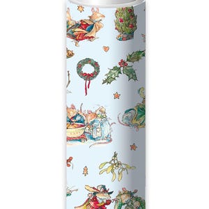 May include: A roll of light blue wrapping paper featuring a repeating watercolour illustration of anthropomorphic mice dressed in Victorian-style clothing, interspersed with Christmas trees, holly sprigs, wreaths, mistletoe, and small orange stars.