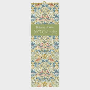 May include: A vertical wall calendar for the year 2027 featuring a repeating William Morris floral and bird pattern in shades of blue, yellow, green, and red. A solid light green horizontal band displays the text William Morris 2027 Calendar.