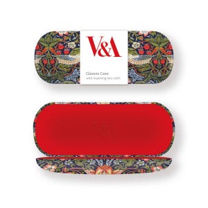 May include: An open glasses case and lid with a floral pattern in shades of blue, green, and red. The interior is red, and the lid has a white label with the V&A logo and text that reads "Glasses Case with matching lens cloth."