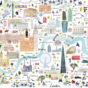 May include: A detailed illustrated map of London featuring iconic landmarks like Big Ben, the London Eye, and The Shard, connected by the River Thames. The artwork includes red buses, black taxis, and various trees, birds, and floral motifs.