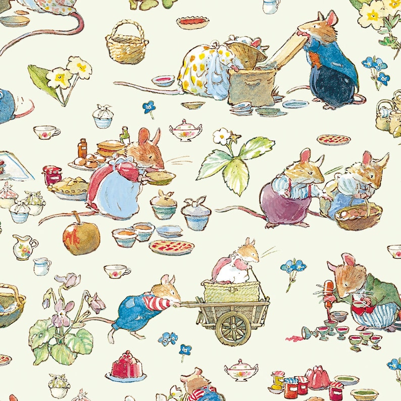 May include: A whimsical illustration featuring a group of mice enjoying a picnic in a meadow. The scene is filled with charming details, including a basket of food, a teapot, and a variety of pastries. The mice are dressed in colorful clothing and are engaged in various activities, such as eating, drinking, and playing. The background is a soft yellow with green foliage and flowers.
