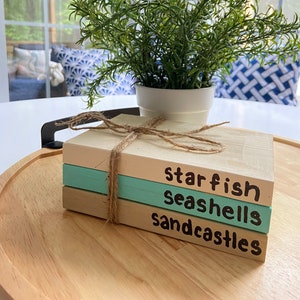 Wooden Beach Book Stack | Faux Stacked Books | Starfish Seashells | Tiered Tray Decor | Coastal Decor | Beach House Decor | Beach Book Stack