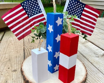 Patriotic Decor | wooden fireworks bundle | wooden firecrackers | 4th of July Decor | Red white and blue decor | patriotic tiered tray decor