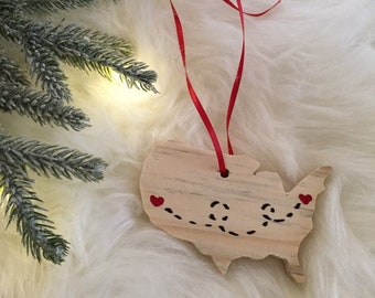 Long Distance Christmas Ornament |Wooden USA Ornament | Christmas Gift | 2024 Ornament | Family Ornament | Farmhouse Christmas Ornament