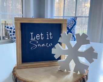 Winter Decor | Let it Snow Bundle Framed Sign & Snowflake| Farmhouse Winter Decor | Navy Blue Decor | Winter Tiered Tray Decor