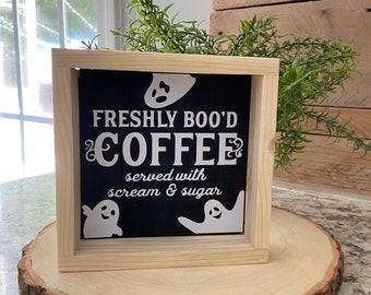 Halloween Coffee Bar Sign, Freshly Boo’d Coffee Sign, Spooky Kitchen Decor, Ghost Coffee Bar Decor, Fall Tiered Tray Halloween Decoration