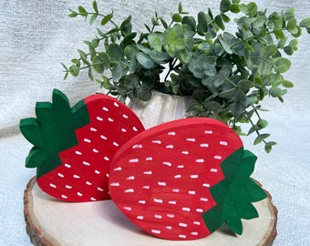 Decoración de fresas de madera pintadas a mano - Juego de 2 bandejas escalonadas de verano con rodajas de fruta