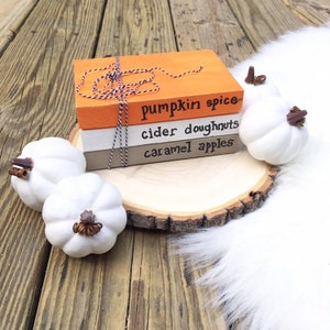 May include: Three stacked books with fall-themed titles: "pumpkin spice", "cider doughnuts", and "caramel apples". The books are tied together with twine and are sitting on a wooden slice with white faux fur in the background.